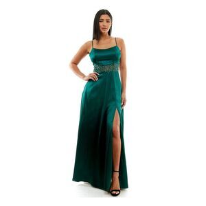 CITY STUDIO Womens Green Mesh Inset Waist High-slit Lined Dress Juniors 3\4